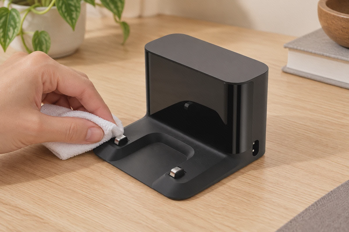 تمیزکردن خشک اتصال شارژ پایه D10s Pro پاککردن یکی از دو اتصال فلزی داک D10s Pro با دستمال خشک و برق قطعشده