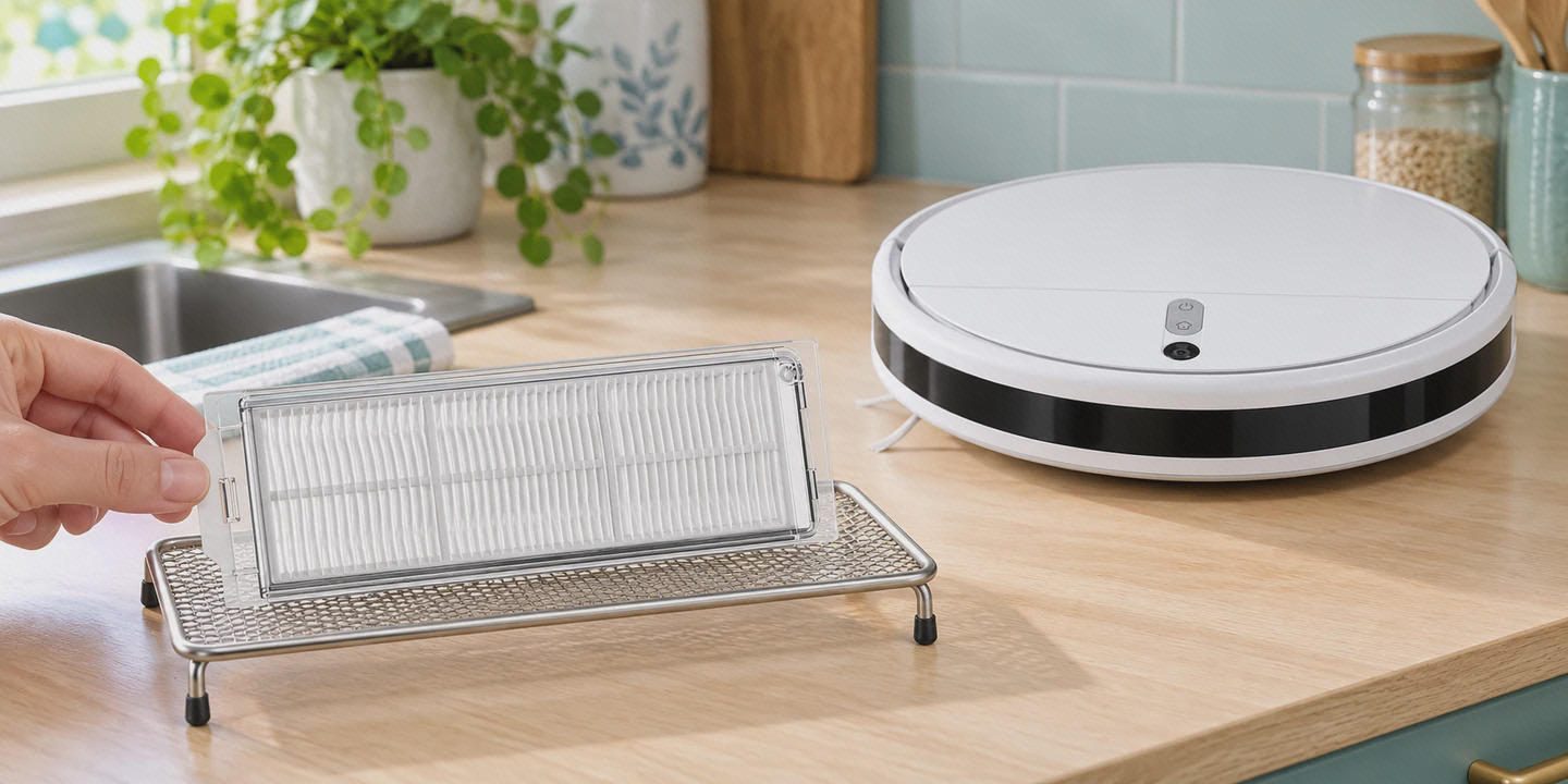 خشککردن فیلتر شیائومی Mop 2 Lite پیش از نصب فیلتر شفاف Mop 2 Lite روی پایهٔ خشککردن کنار جارو سفید با سطح تخت