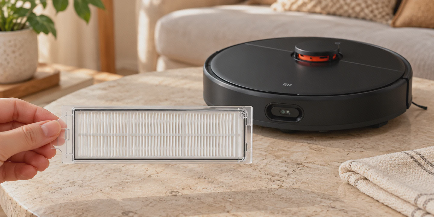 فیلتر شفاف Xiaomi Mop 2 Ultra کنار خود جارو فیلتر قابشفاف با زبانهٔ کناری در دست، کنار جارو مشکی Mop 2 Ultra با حلقهٔ نارنجی