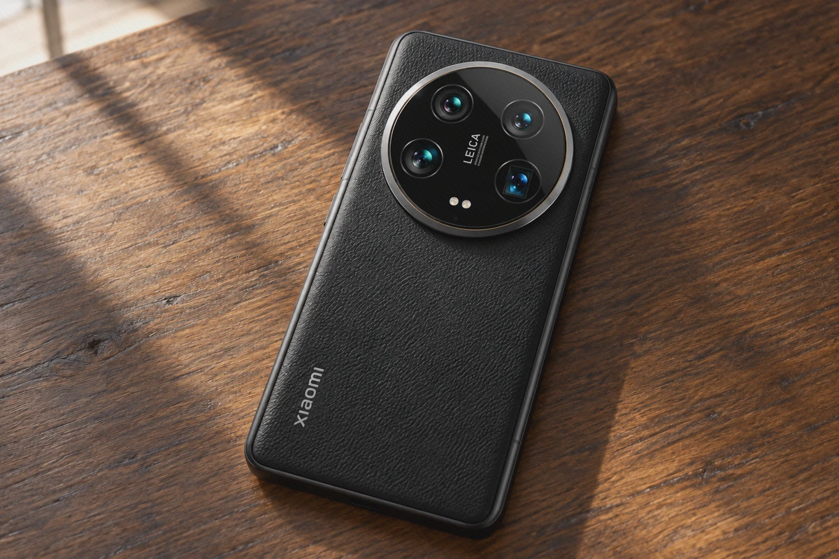 گوشی مشکی Xiaomi 14 Ultra از پشت با چهار دوربین لایکا روی میز چوبی