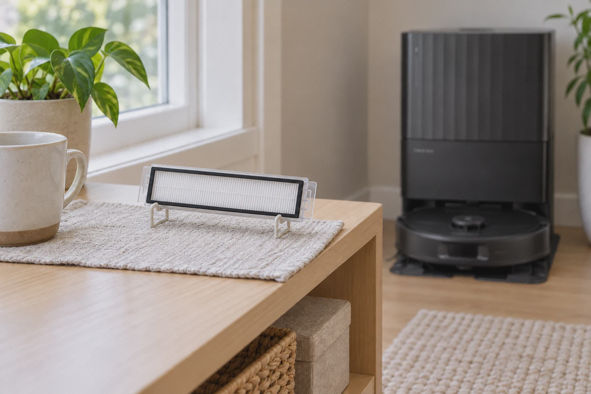 خشکشدن کامل فیلتر Roborock Qrevo Plus در هوای آزاد فیلتر سفید و کشیده Qrevo Plus در حال خشکشدن در هوای اتاق کنار پنجره