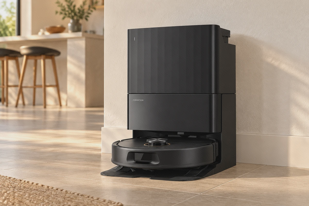 داک چندمنظورهٔ Roborock Qrevo 5AE جارو رباتیک مشکی Qrevo 5AE در ایستگاه شستوشو و تخلیه روی کف سرامیکی