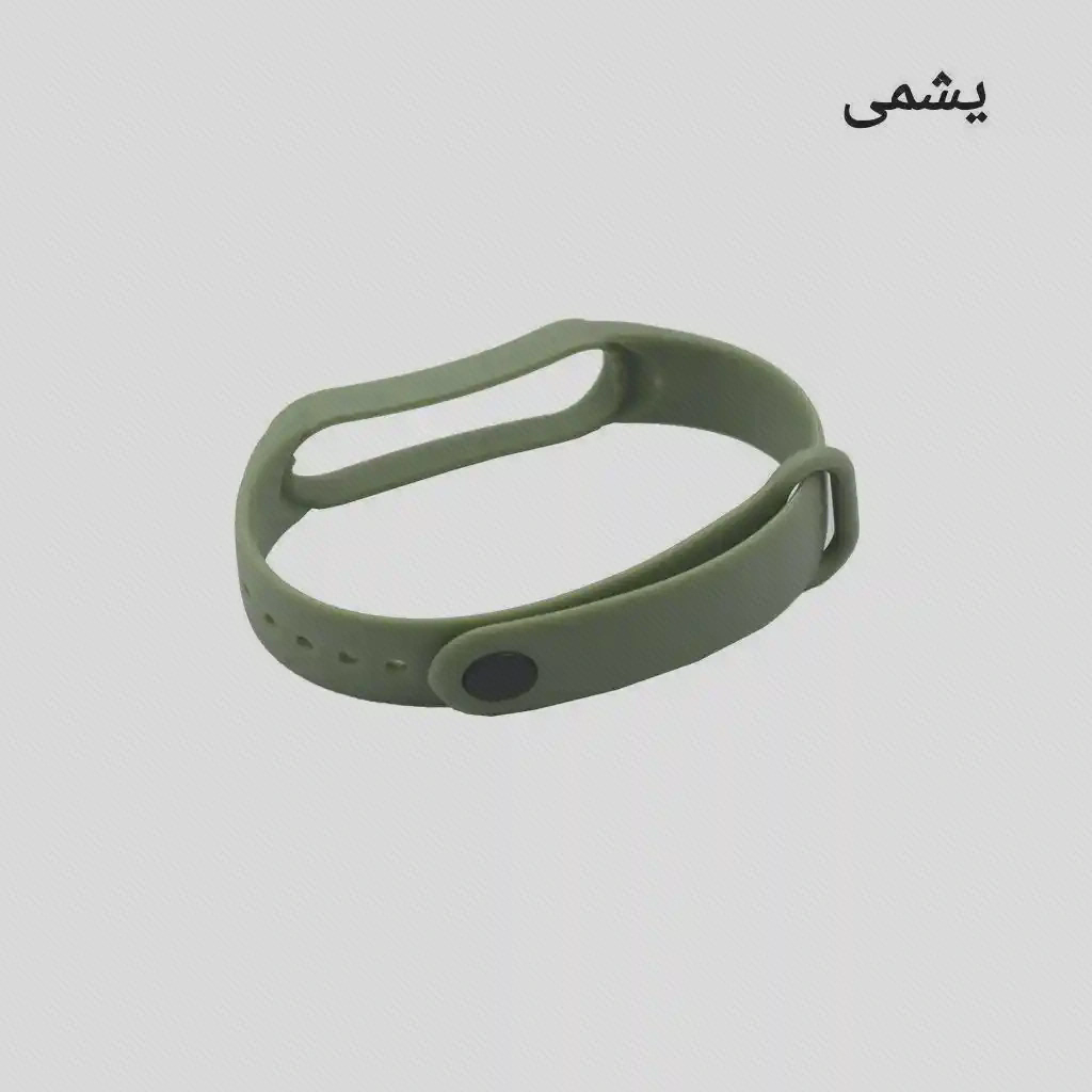 بست و تنظیم بند Mi Band 7 بند سبز زیتونی Mi Band 7 با ردیف سوراخهای تنظیم، دکمه و حلقهٔ نگهدارنده