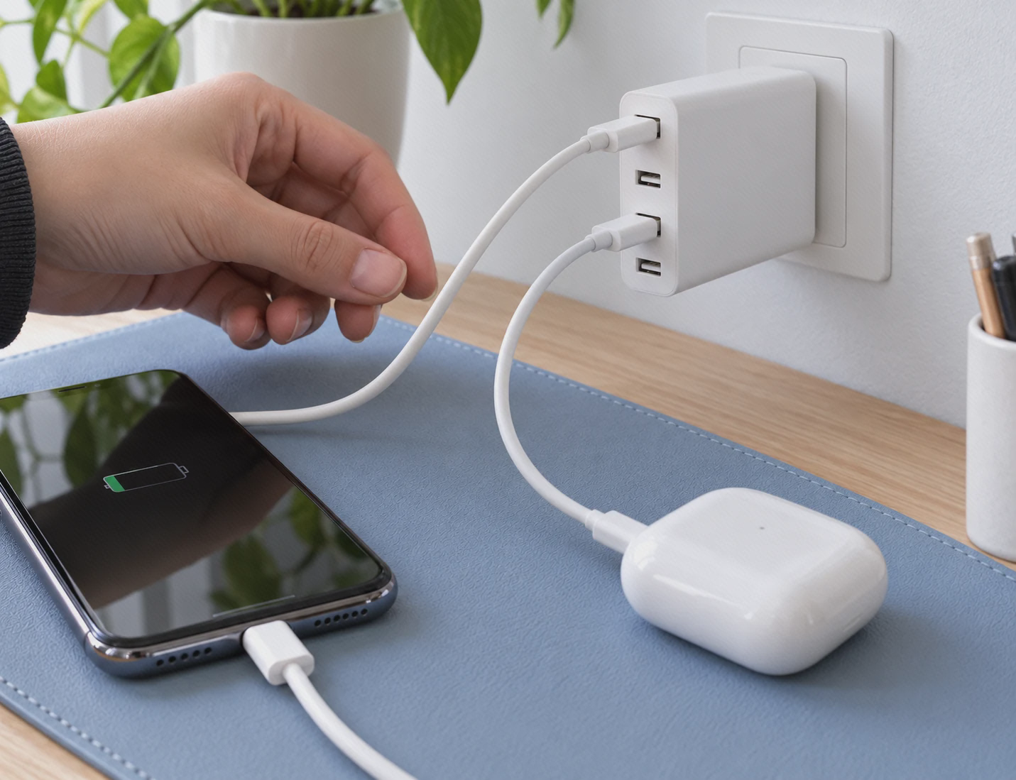 استفاده از چند خروجی آداپتور Xiaomi CDQ01ZM شارژ همزمان گوشی و کیس هندزفری با دو خروجی USB-A شارژر چهارپورت شیائومی