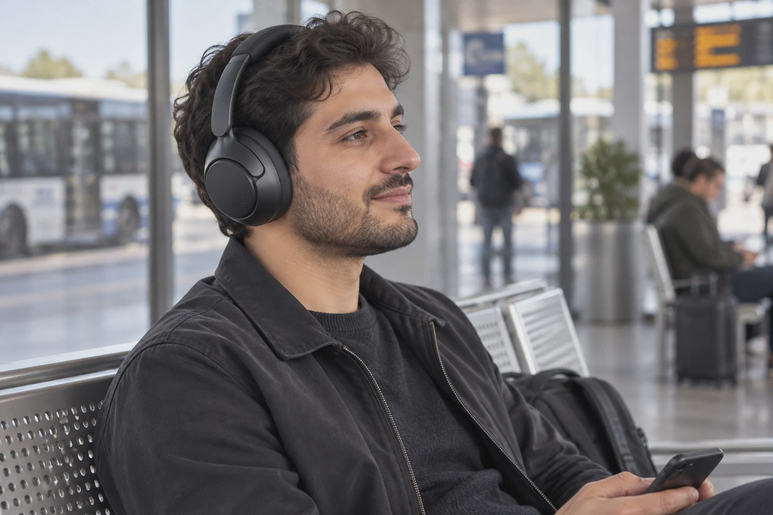 استفاده از هدفون مشکی QCY H3 Pro در سالن انتظار ایستگاه