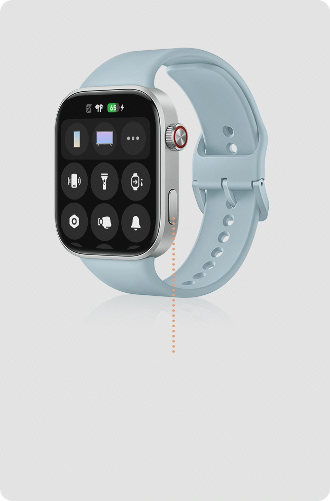 تصویر رسمی ساعت Redmi Watch 6 با بند آبی روشن، مرکز کنترل روی صفحه و علامت دکمهٔ دوم