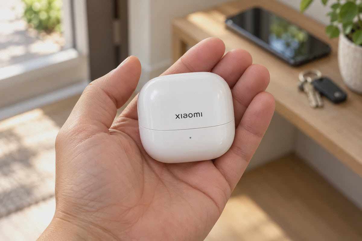کیس بسته سفید Xiaomi Buds 5 روی کف دست با نشان xiaomi و چراغ کوچک زیر در