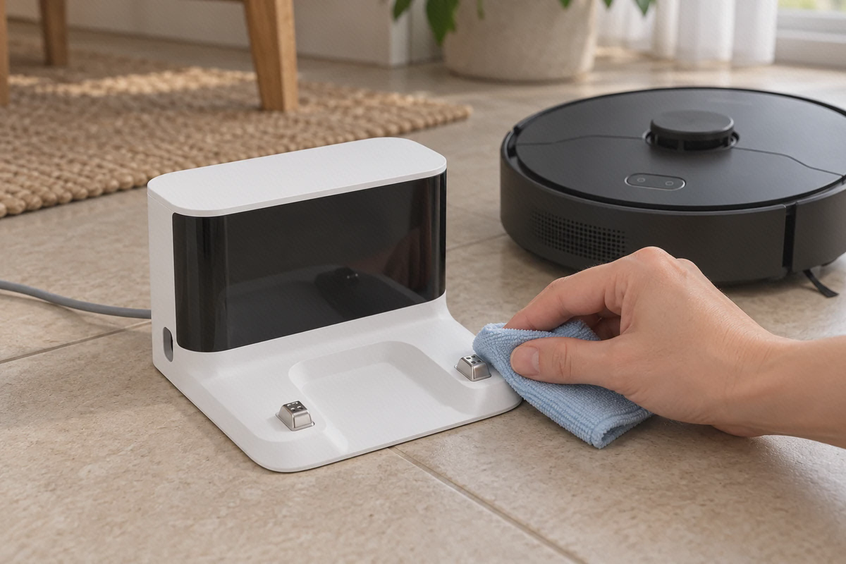 جزئیات دو کنتاکت فلزی پایه شارژ D9 Max Gen 2 تمیزکردن کنتاکت پایه شارژ D9 Max Gen 2 با پارچهٔ خشک و یک دست، کنار جاروی دریم