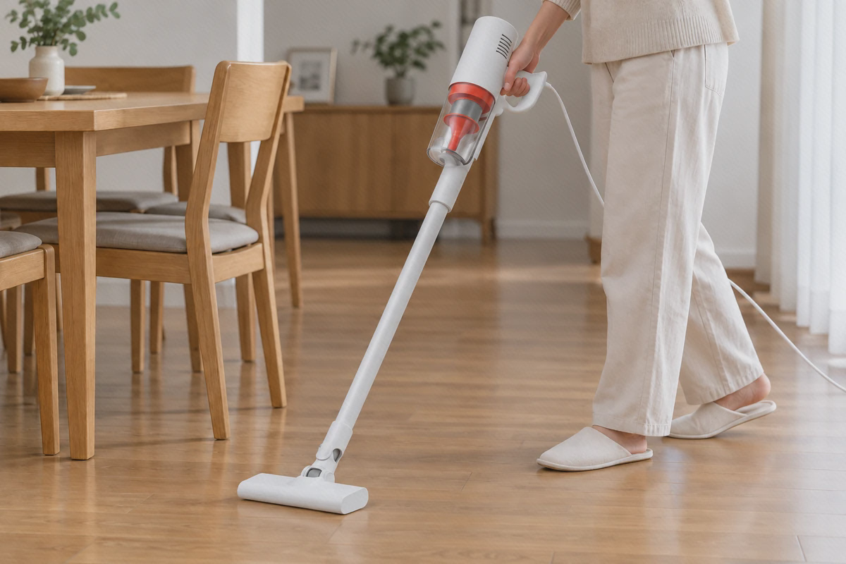 جاروکشی کف با Mijia 2 B205 جاروبرقی سفید سیمدار شیائومی Mijia 2 B205 با لوله و سری تخت روی کف چوبی