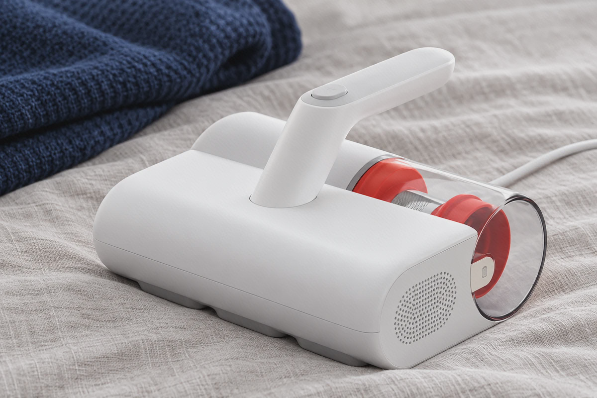 مخزن جانبی Xiaomi MJCMY02DY نمای مخزن شفاف جانبی و دستهٔ سفید کنهزدای شیائومی MJCMY02DY روی پارچه