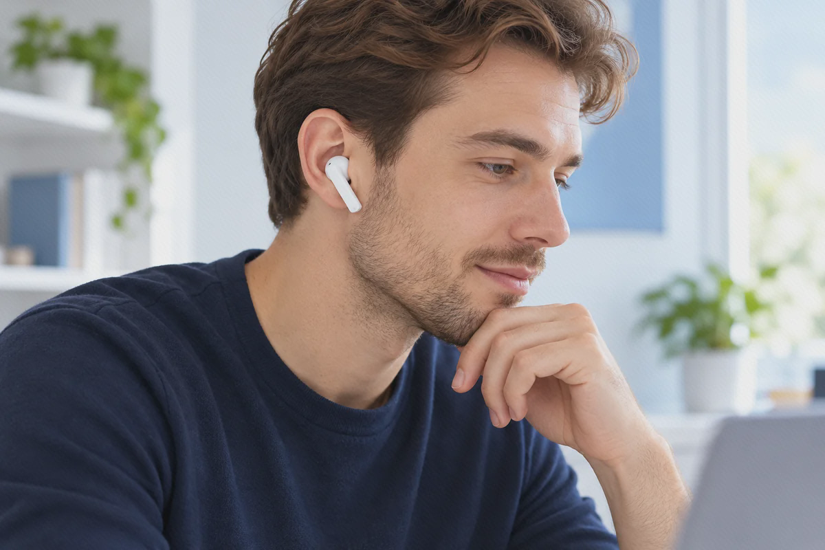 گوشی سفید بدون سری سیلیکونی Xiaomi Air3 SE در گوش کاربر کنار لپ‌تاپ