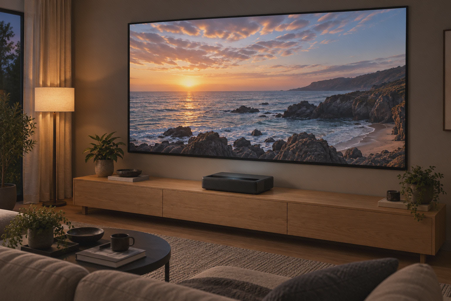 چیدمان نزدیک پرده با Mi Laser 150 پروژکتور Mi 4K Laser 150 روی میز نزدیک پردهٔ نمایش