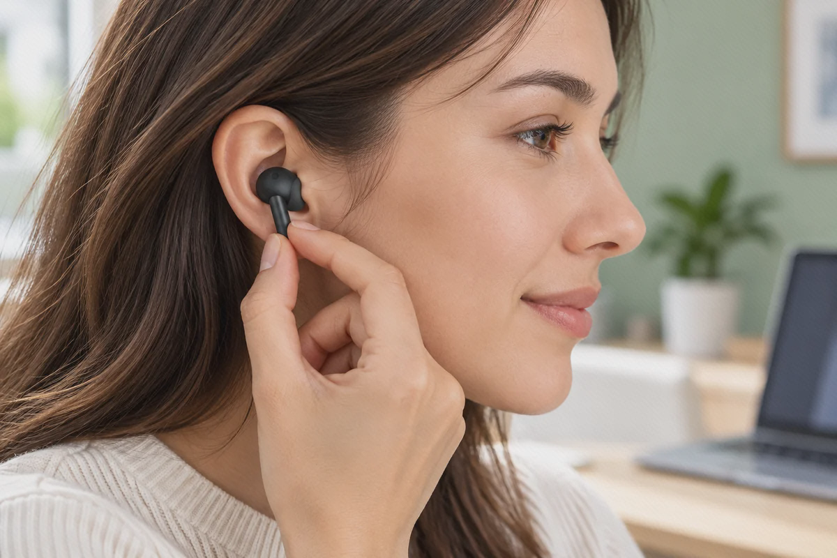 فشار دادن ساقه گوشی مشکی Xiaomi Buds 3 با دو انگشت در حالی که داخل گوش قرار دارد