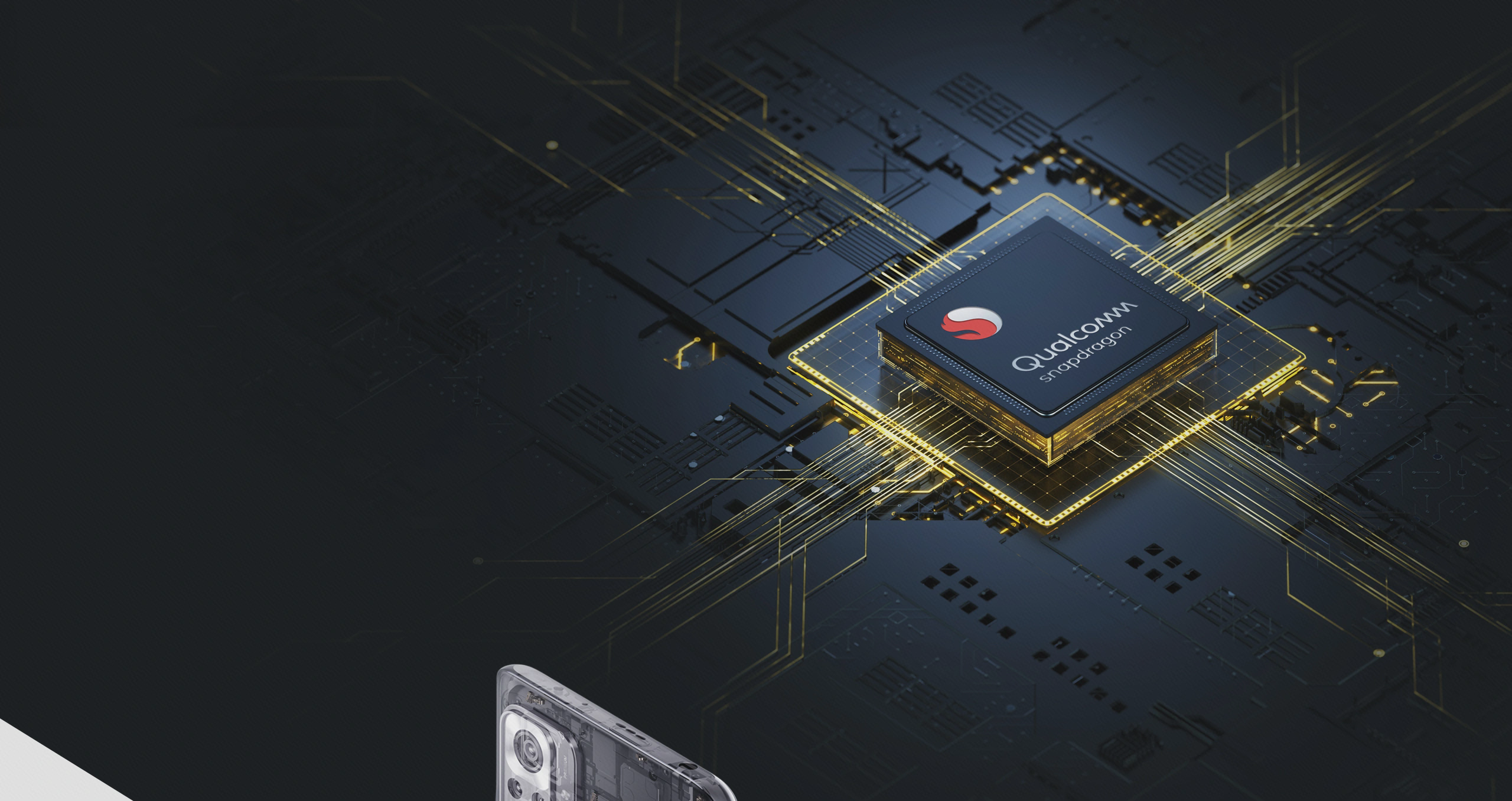 تصویر گرافیکی رسمی با تراشهٔ Qualcomm Snapdragon و بخش کوچکی از گوشی Redmi Note 10 Pro