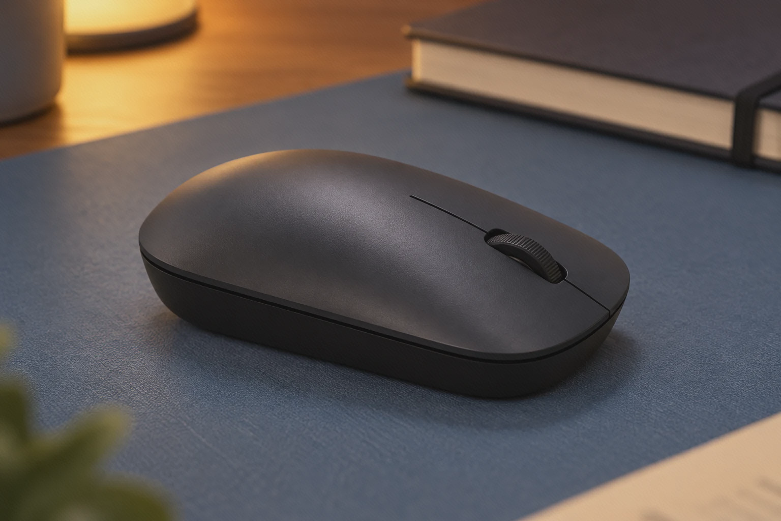 بدنهٔ قوسدار Xiaomi Wireless Mouse Lite نمای نزدیک انحنای بدنه و اسکرول مشکی ماوس Xiaomi Wireless Mouse Lite خاموش روی میز