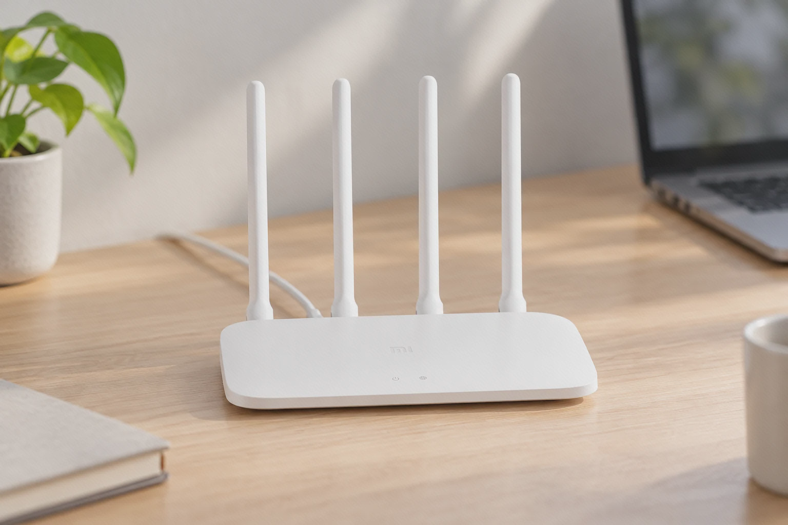روتر Mi Router 4C روی میز کار روتر سفید شیائومی Mi Router 4C با چهار آنتن عمودی روی میز، کنار لپتاپ