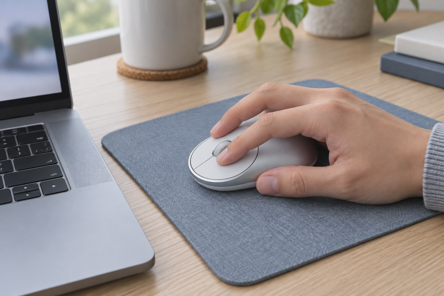 موس نقره‌ای و سفید Portable Mouse 2 زیر دست کاربر، روی پد کنار لپ‌تاپ
