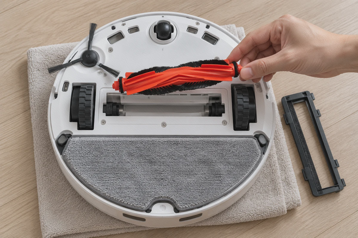 جایگاه برس اصلی در زیر جارو رباتیک شیائومی S40 تعویض برس اصلی H40 و S40 با برداشتن برس از جایگاه زیر جارو S40