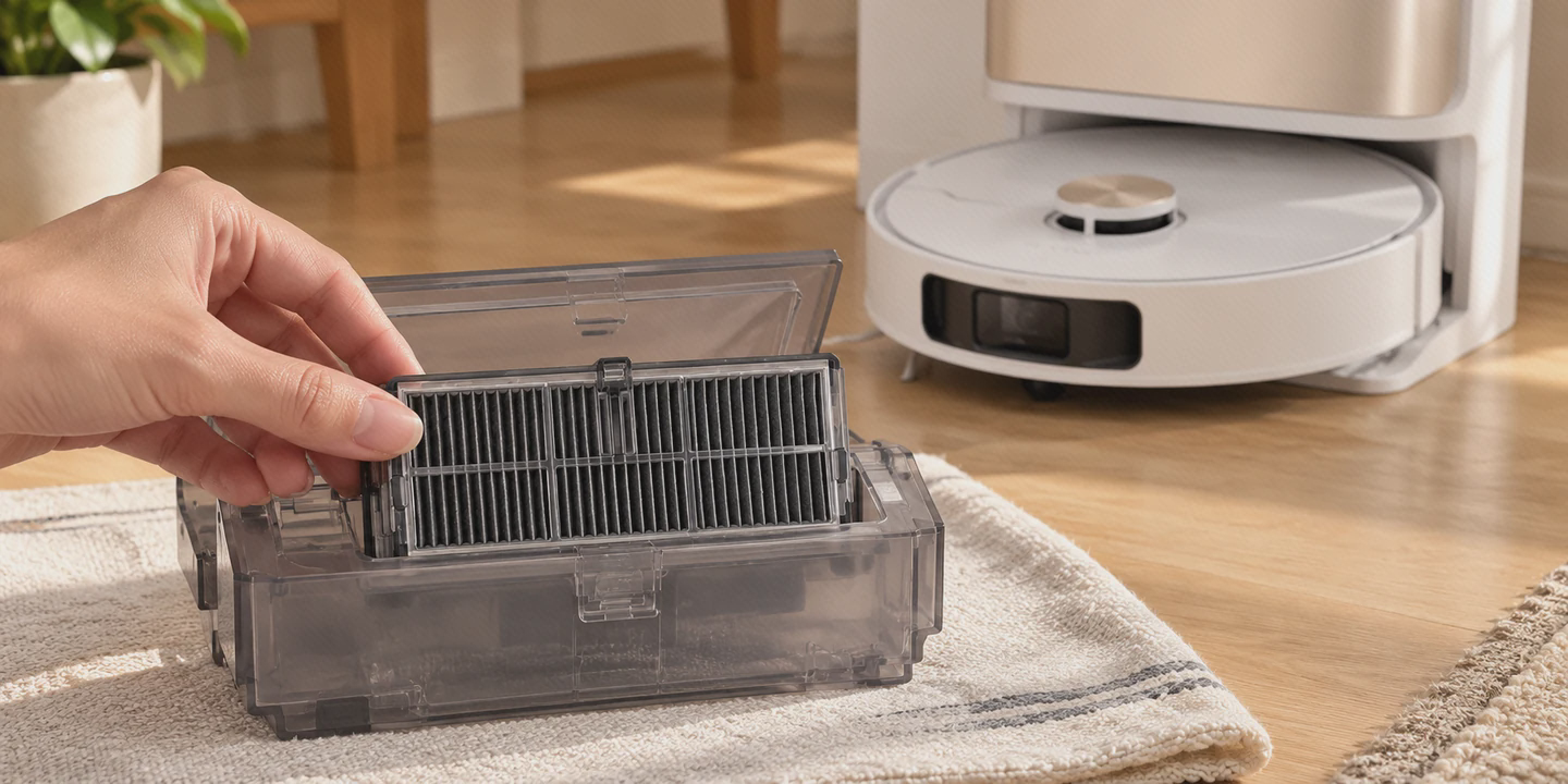 جا زدن فیلتر تیره با قاب شفاف در جای فیلتر مخزن زباله کنار جاروی سفید Dreame L10s Pro Ultra Heat