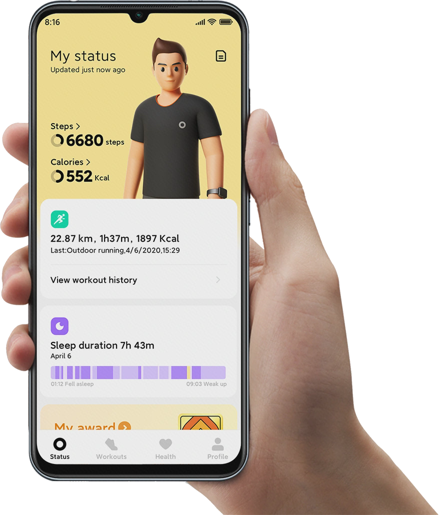 گزارش فعالیت و خواب در اپ همراه Mi Watch Lite صفحهٔ اپ همراه Mi Watch Lite روی گوشی با گزارش فعالیت و خواب