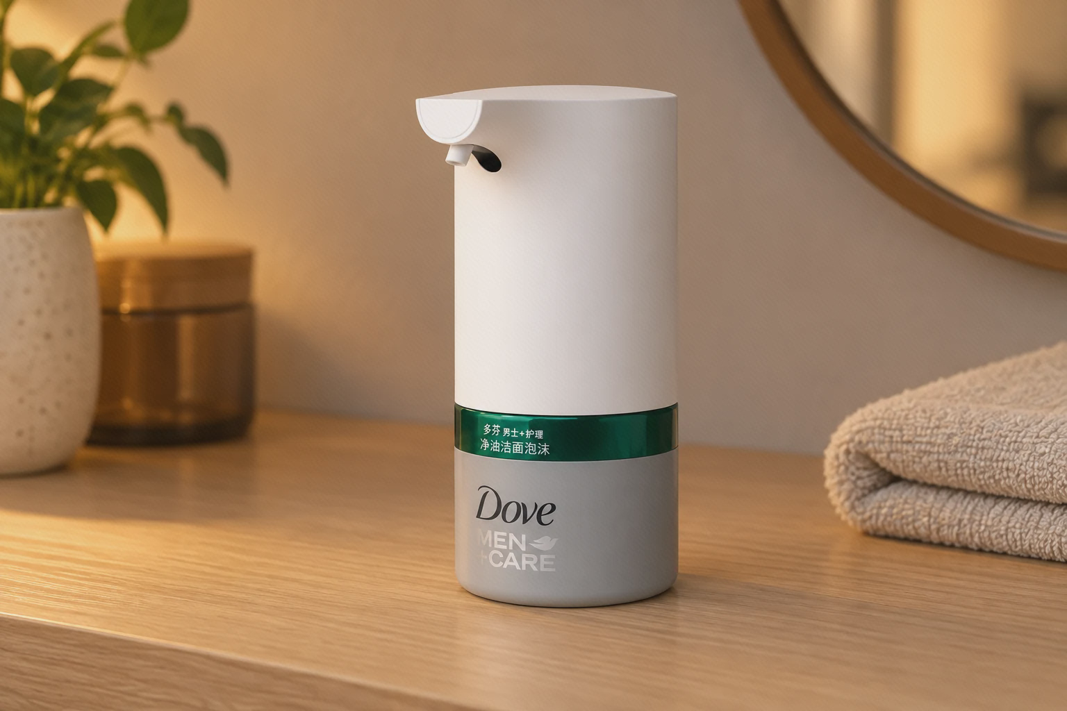 نمای نزدیک بدنه سفید، نوار سبز و بطری Dove Men+Care فوم‌ساز میجیا