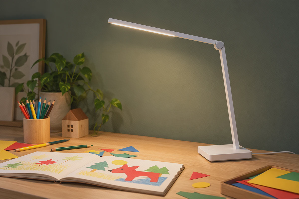 چراغ مطالعه سفید میجیا Table Lamp Lite روشن کنار دفتر نقاشی و کاغذهای رنگی