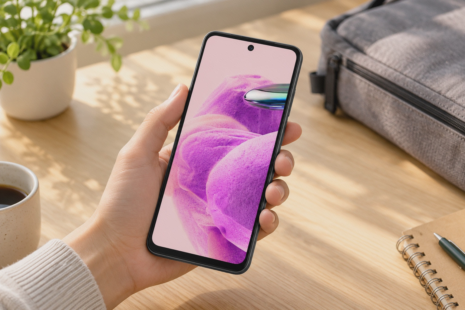 گوشی Redmi Note 12S در دست، کنار کیف روی میز
