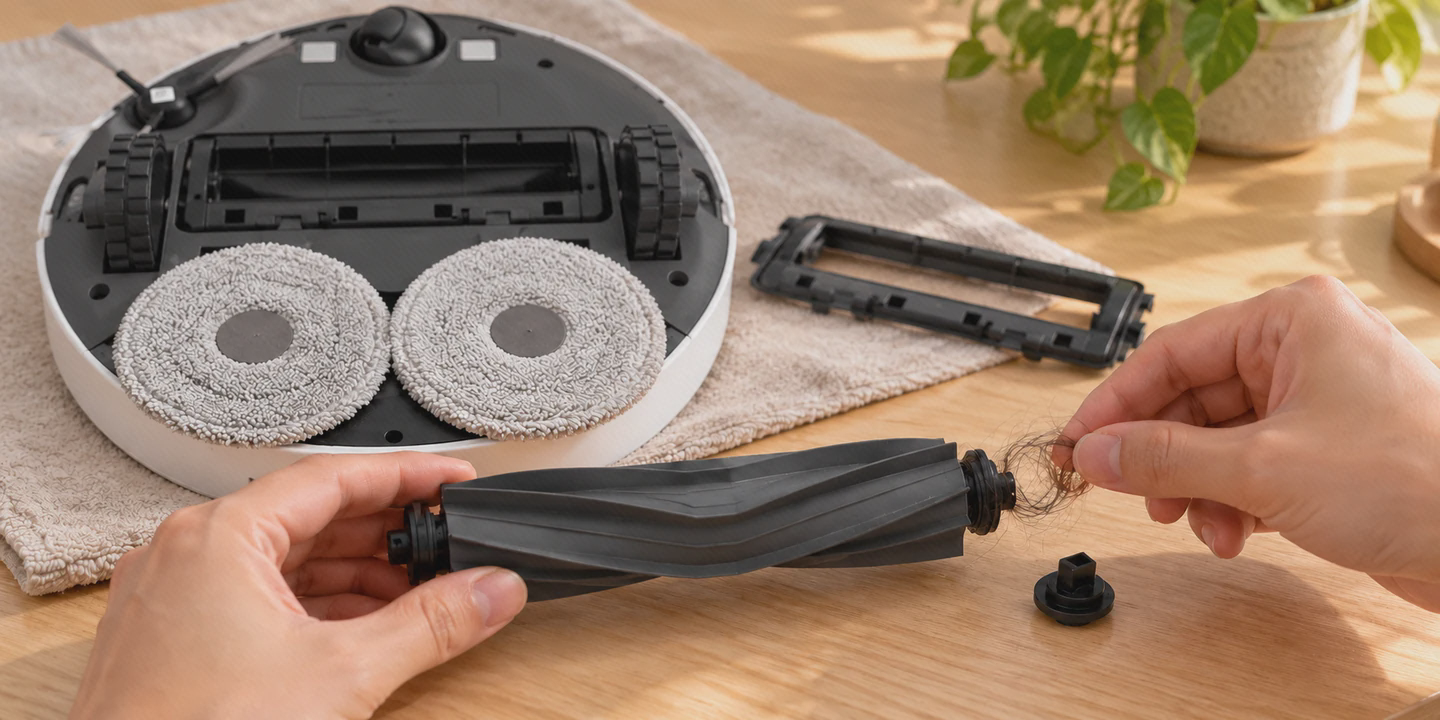 رسیدگی به موهای دور محور برس اصلی L10s Pro Gen 2 جدا کردن مو از محور برس اصلی دریم L10s Pro Gen 2 کنار جارو و قاب بازشدهٔ برس