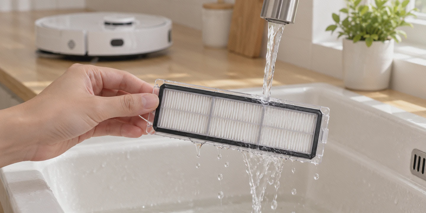 رسیدگی به فیلتر مخزن Dreame L10s Plus با آب تمیز شستن فیلتر مخزن L10s Plus با آب تمیز و گرفتن لبهٔ قاب شفاف، بدون تماس انگشت با چینهای سفید فیلتر