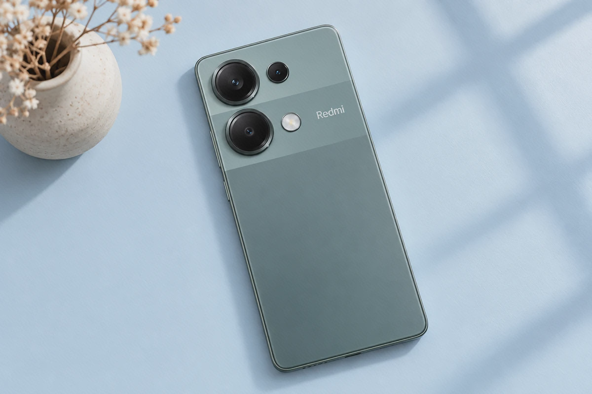 گوشی سبز Redmi Note 13 Pro 4G از پشت روی میز آبی روشن