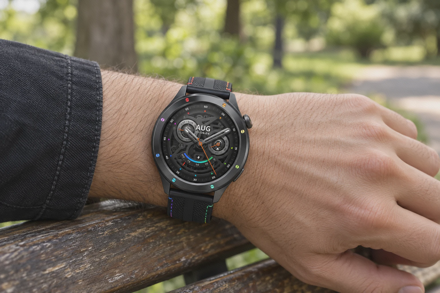 ساعت شیائومی Watch S4 با بند مشکی دوخت‌رنگی روی مچ کنار نیمکت پارک
