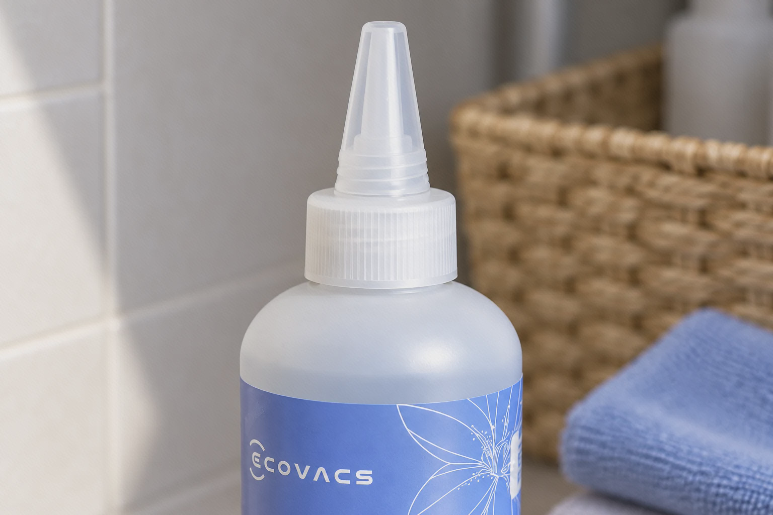 نمای نزدیک سری شفاف بسته و حلقهٔ شیاردار بطری محلول ECOVACS