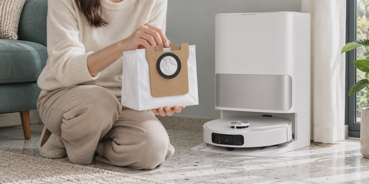 پاکت زبالهٔ Dreame L10s Ultra Gen 2 کنار ایستگاه پاکت سفید با صفحهٔ مقوایی قهوهای و دهانهٔ حلقهدار در دست، کنار ایستگاه سفید و نقرهای Dreame L10s Ultra Gen 2