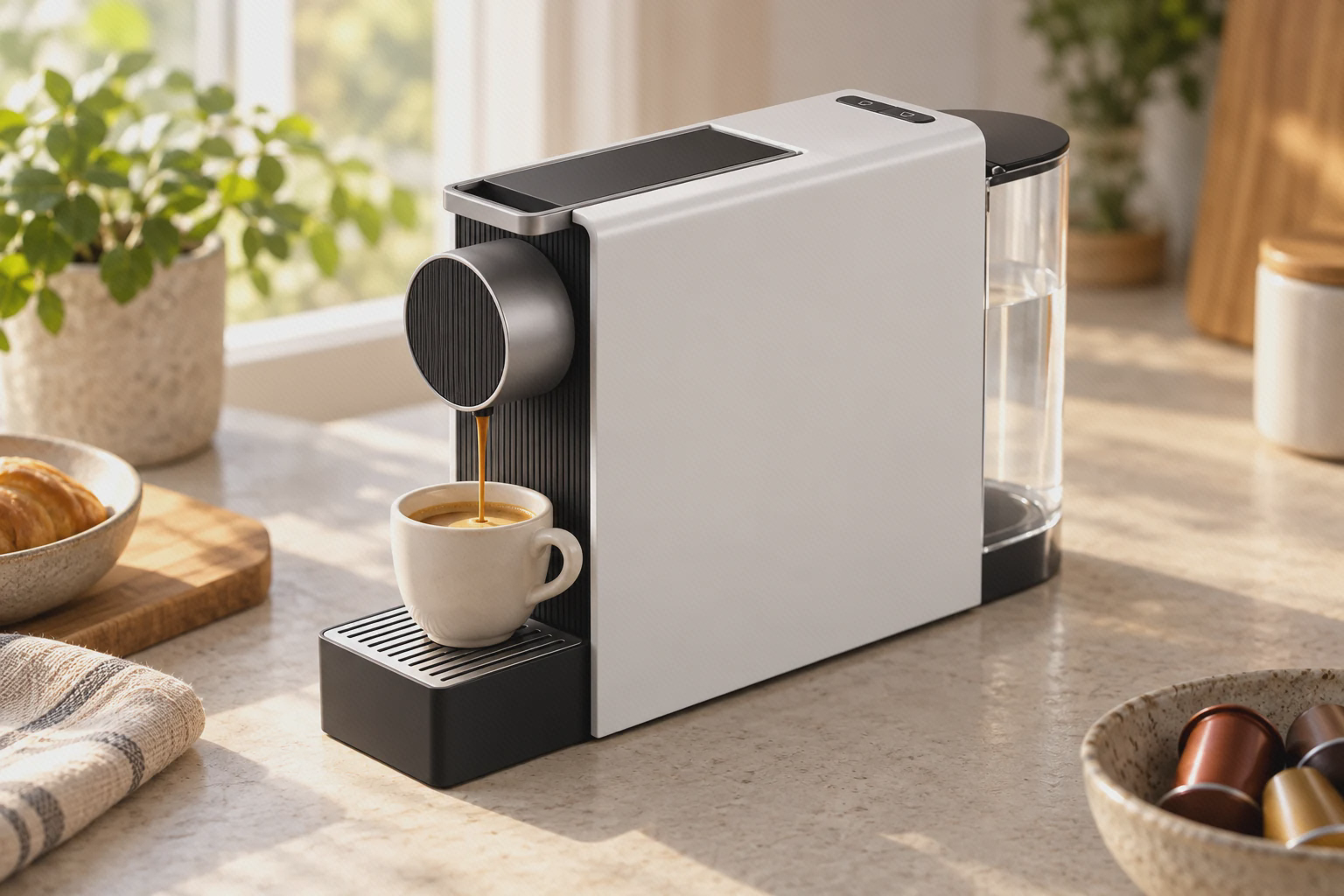 قهوه‌ساز سفید SCISHARE Mini S1201 در حال ریختن قهوه در فنجون روی سینی زیر خروجی