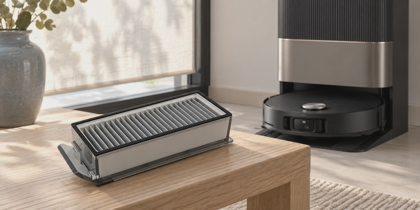 چینها و قاب فیلتر مخزن X50 Ultra نمای نزدیک چینها و قاب فیلتر دریم X50 Ultra روی میز چوبی کنار جاروی مشکی و ایستگاه آن