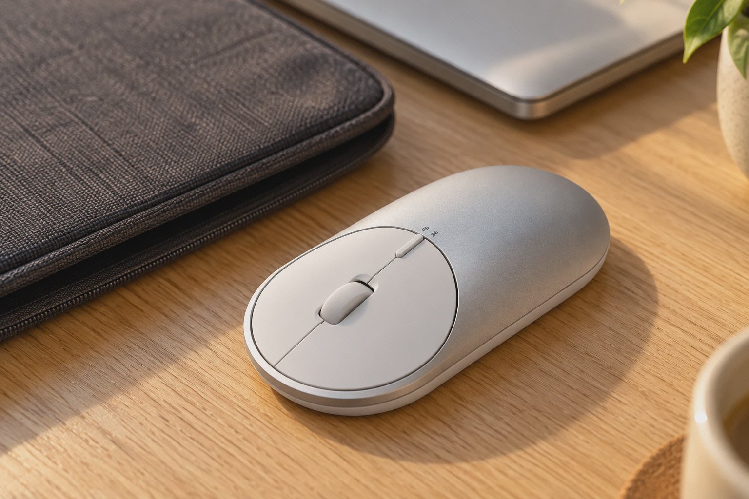 نمای نزدیک موس نقره‌ای Portable Mouse 2 با کلیدهای سفید، کنار کیف لپ‌تاپ