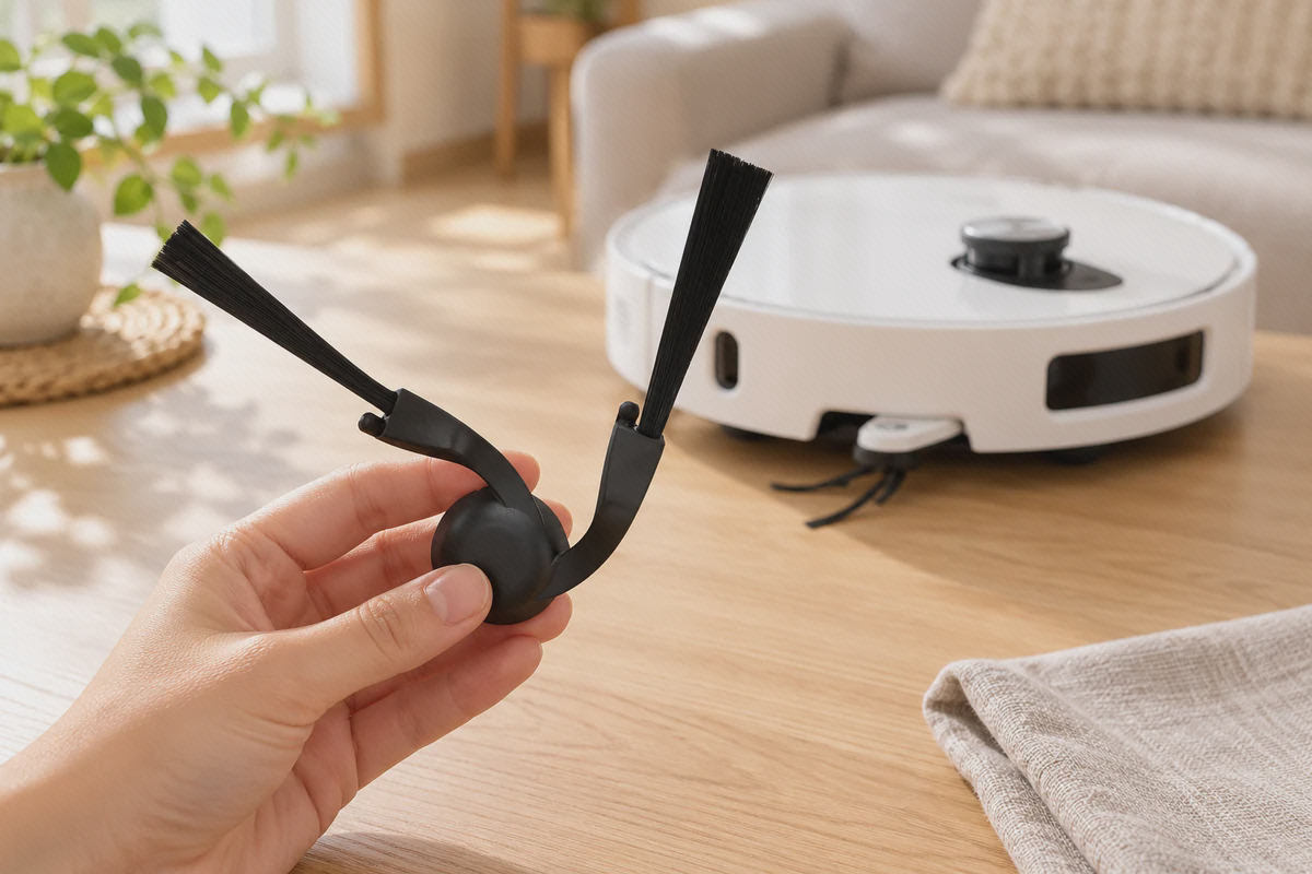 نمای فرم دوشاخه و اتصال برس کناری Xiaomi 5 یک دست برس کناری مشکی Xiaomi 5 را از قسمت گرد وسط کنار دستگاه نگه داشته است