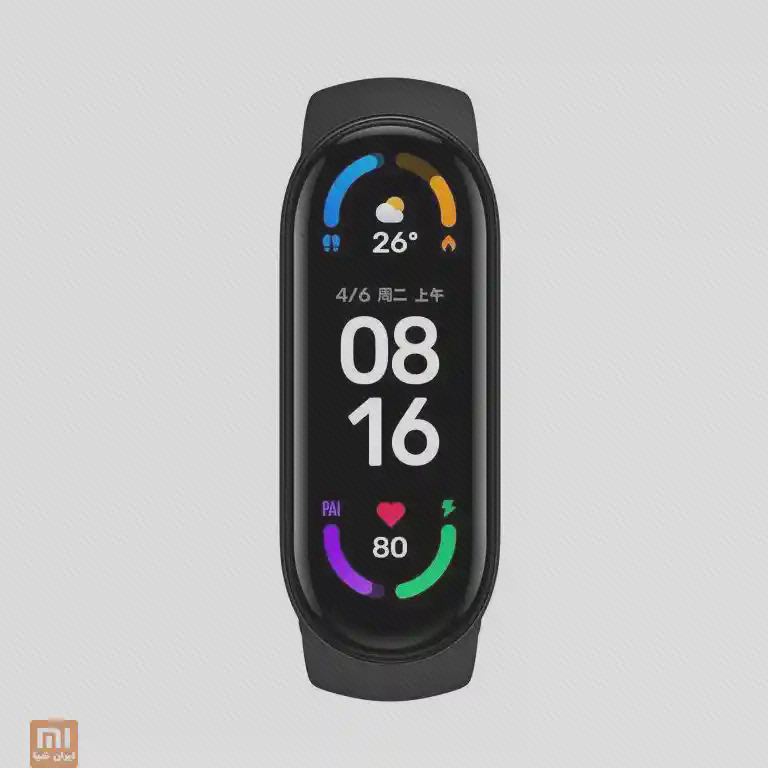 نمای جلوی Mi Band 6 مشکی با نمایشگر کشیدهٔ رنگی و اطلاعات زمان و فعالیت
