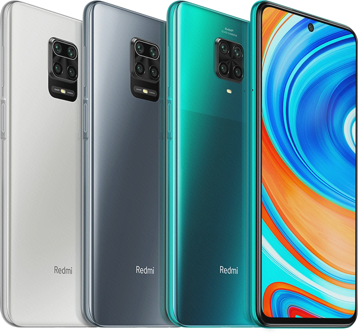 تصویر رسمی Redmi Note 9 Pro با دوربین نقطه‌ای مرکز بالای نمایشگر و سه رنگ پشت
