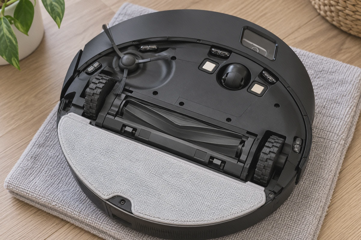 برس سیلیکونی D10s Pro در محل نصب برس اصلی سیلیکونی مشکی در قاب زیر جارو دریم D10s Pro