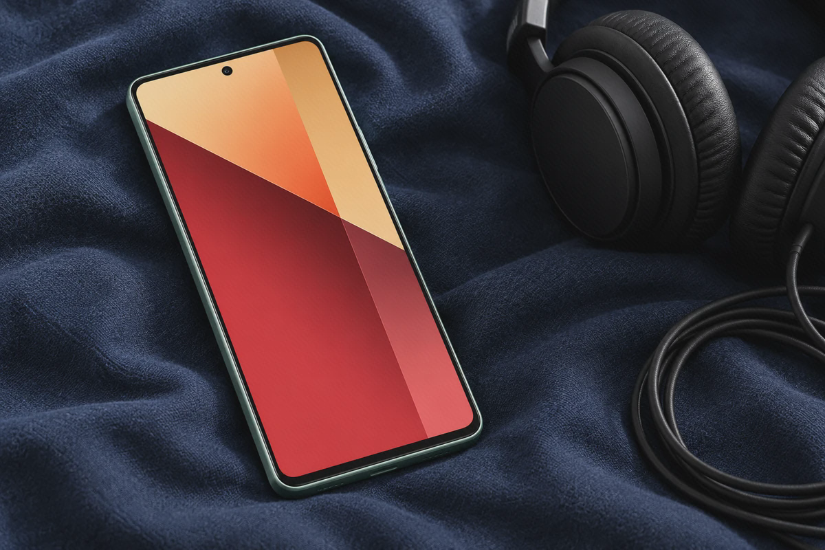 صفحهٔ روشن ردمی نوت ۱۳ پرو 4G کنار هدفون جدا روی پارچهٔ سرمه‌ای