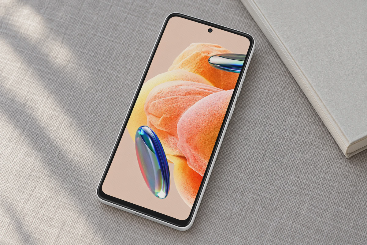 نمایشگر روشن Redmi Note 12 Pro 4G سفید روی پارچهٔ روشن