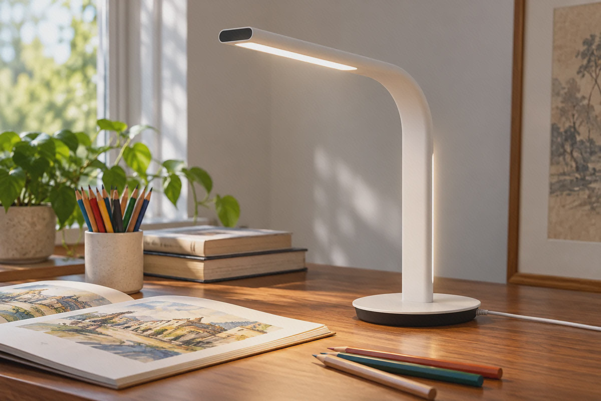 چراغ مطالعه سفید فیلیپس EyeCare Lamp 2 کنار دفتر و مداد روی میز