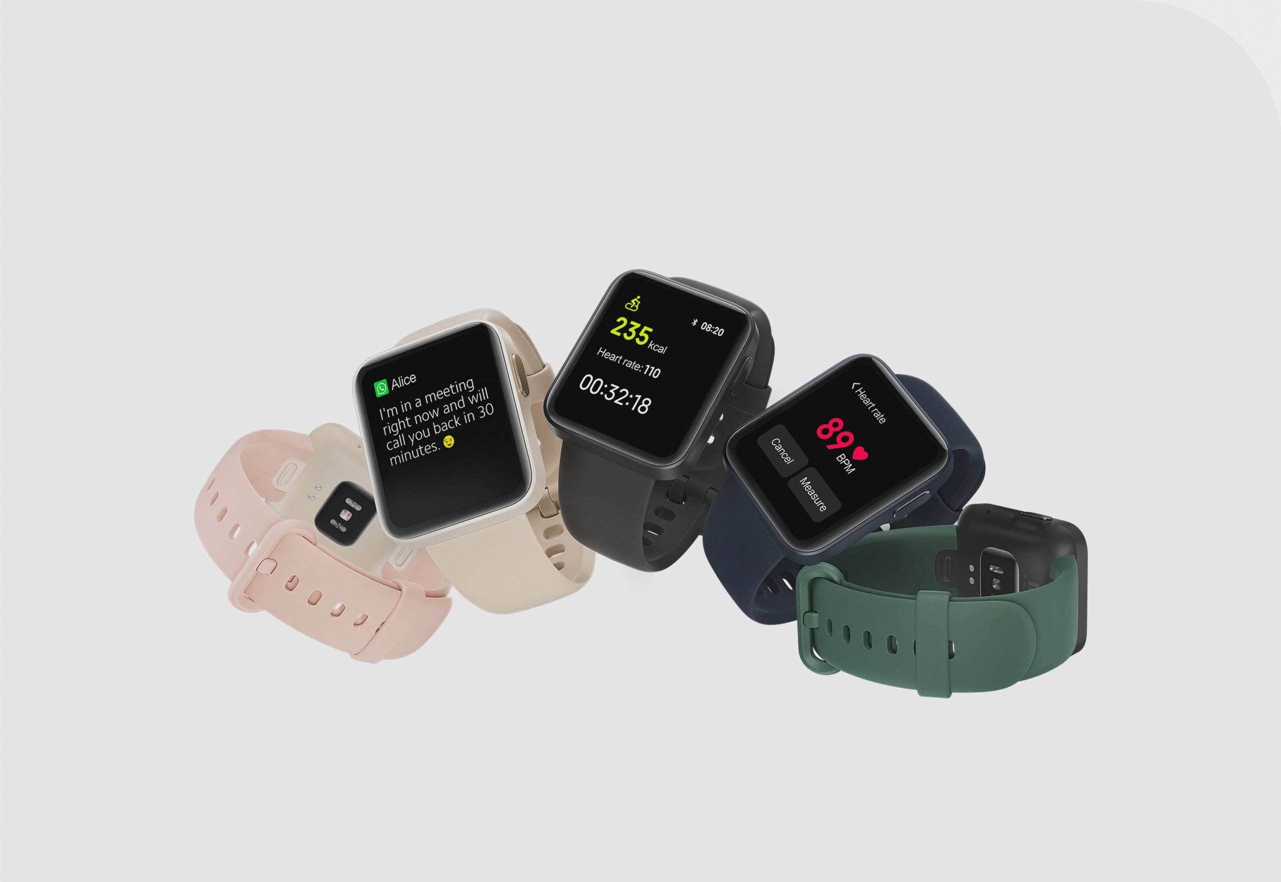 اعلان و فعالیت روی Mi Watch Lite چیدمان رسمی Mi Watch Lite با صفحهٔ اعلان، ورزش و ضربان قلب و نمای پشت