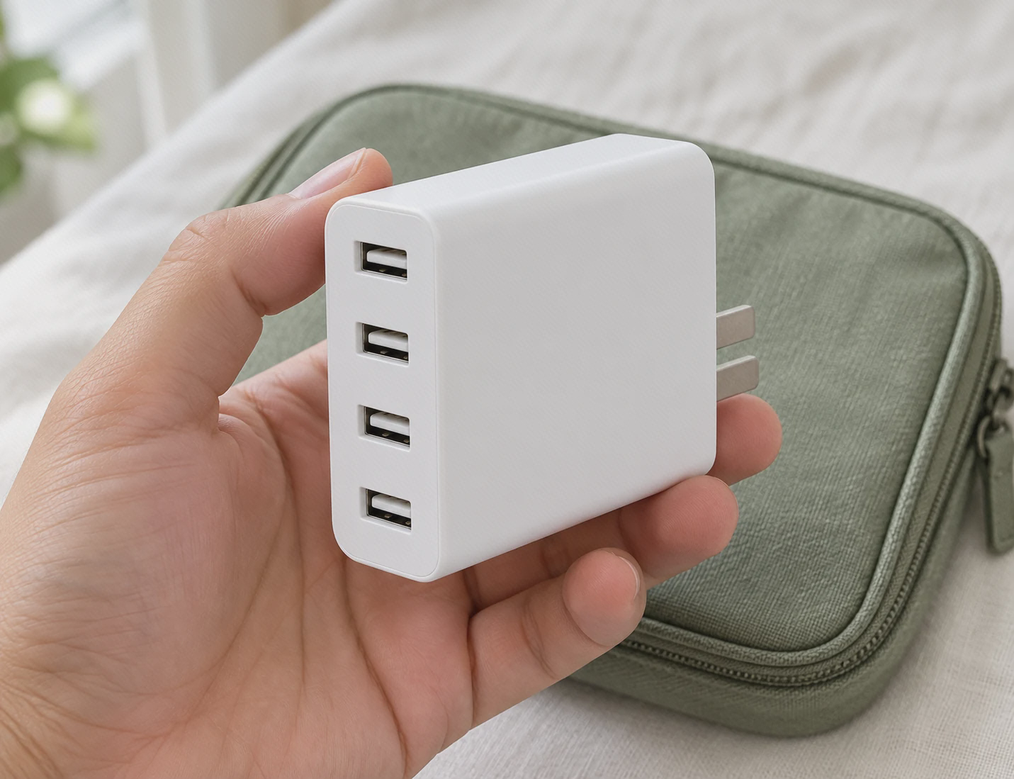 نمای نزدیک سوکتها و دوشاخهٔ شارژر CDQ01ZM نمای چهار سوکت USB-A و دوشاخهٔ تخت آداپتور CDQ01ZM در دست
