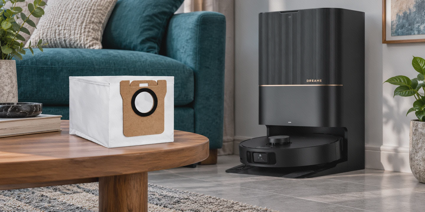 پاکت زباله Dreame X40 Ultra کنار پایه پاکت سفید با صفحه اتصال مقوایی و حلقه مشکی کنار جارو Dreame X40 Ultra و پایه آن