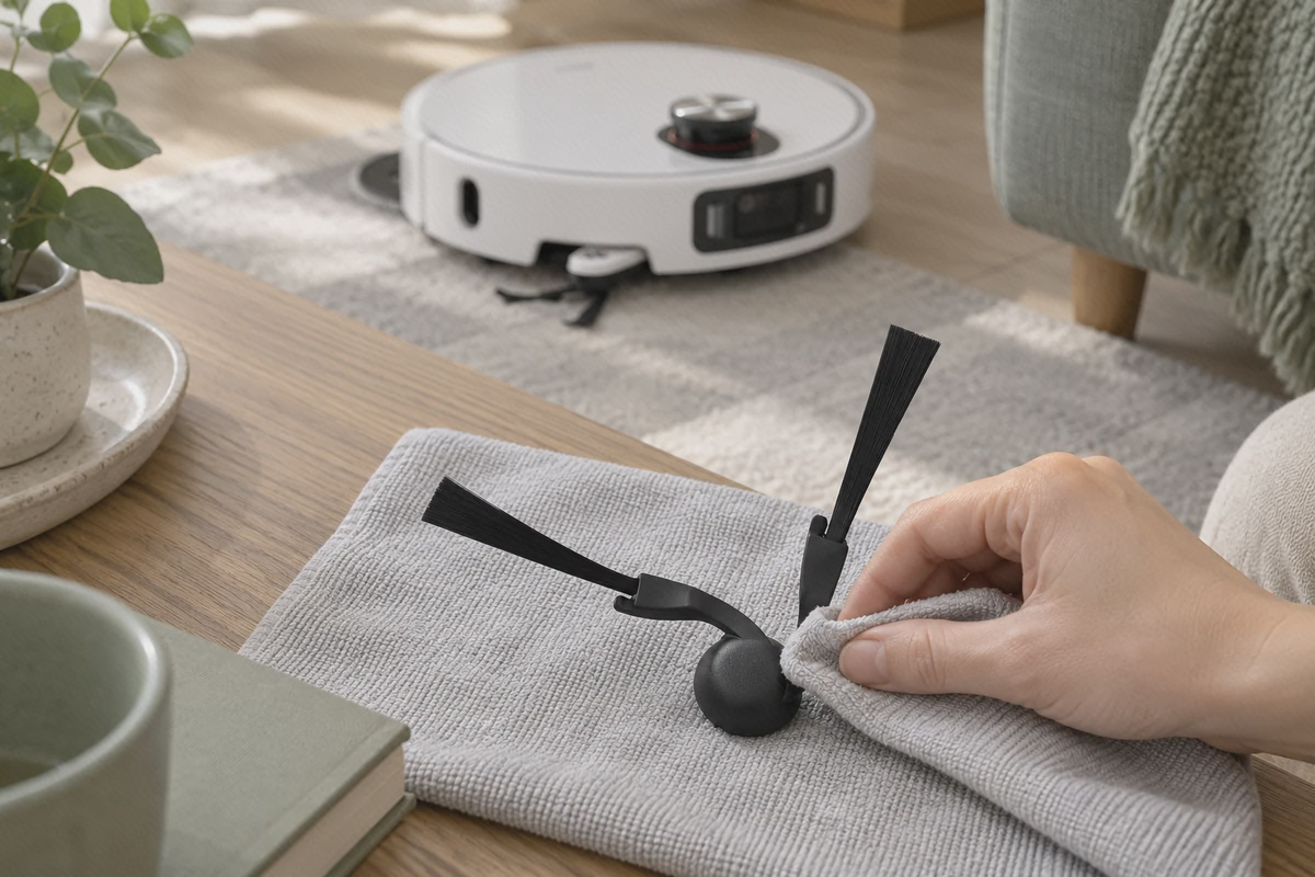 تمیز کردن محل اتصال برس کناری Xiaomi 5 Pro با پارچه خشک برس کناری دوشاخه Xiaomi 5 Pro روی پارچه و یک دست در حال پاک کردن قسمت گرد وسط آن