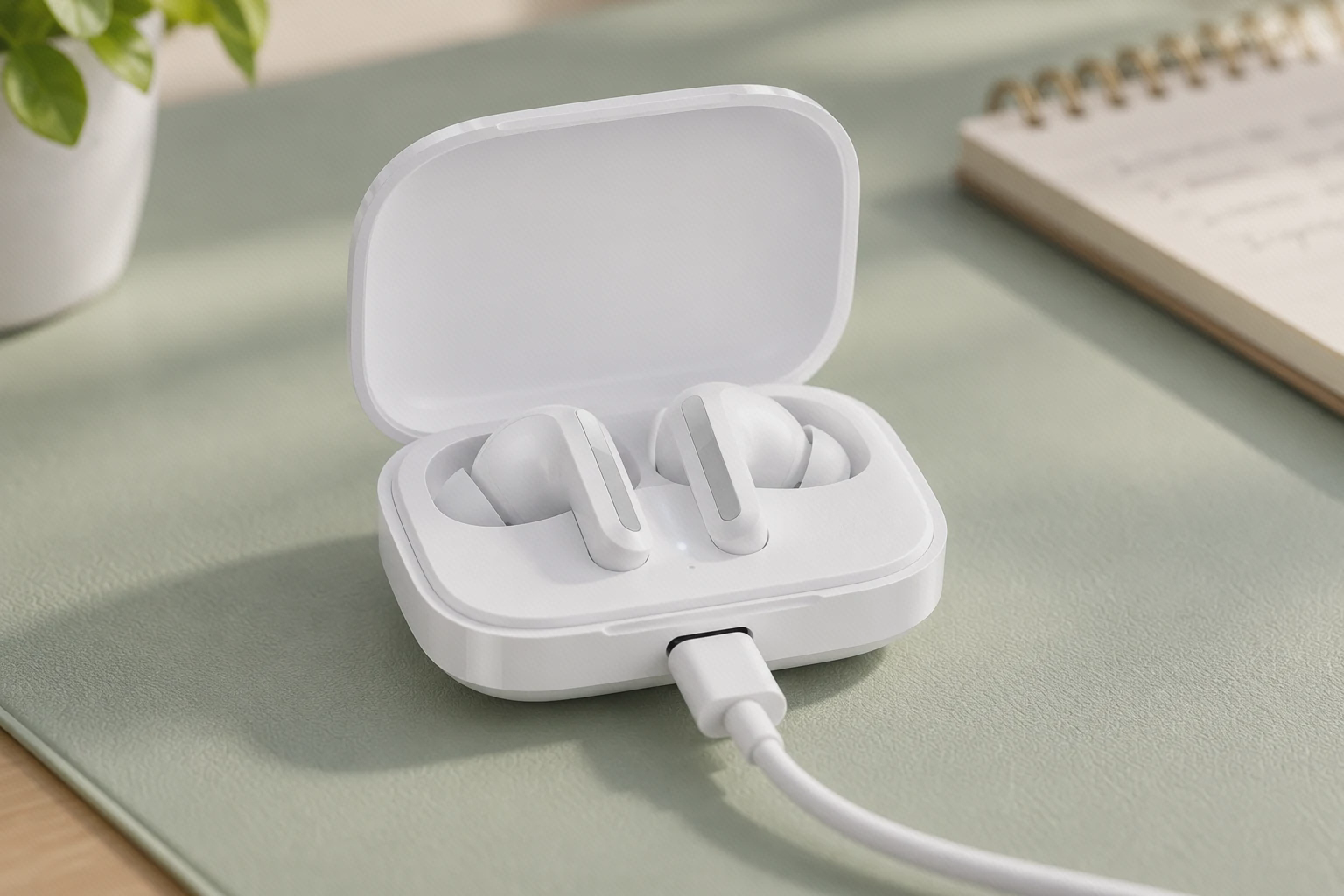 شارژ کیس Redmi Buds 5 از سوکت USB-C کیس سفید Redmi Buds 5 با دو گوشی و اتصال کابل شارژ USB-C روی میز