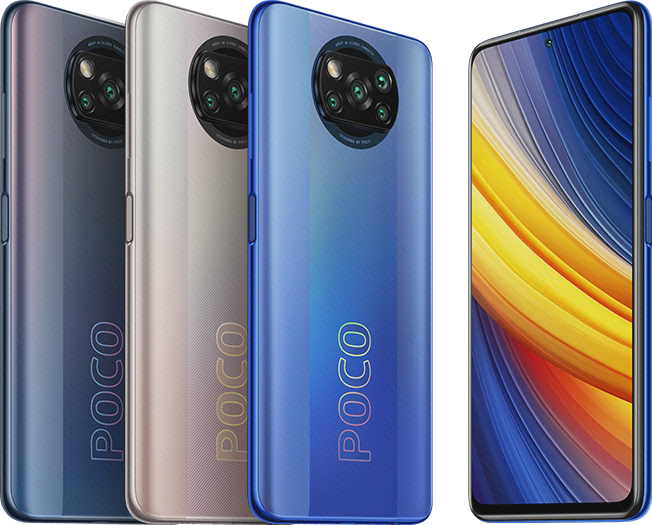 مرجع رسمی فرم جلوی Poco X3 Pro تصویر رسمی Poco X3 Pro با سه رنگ پشت و نمای جلو دارای دوربین نقطهای مرکزی