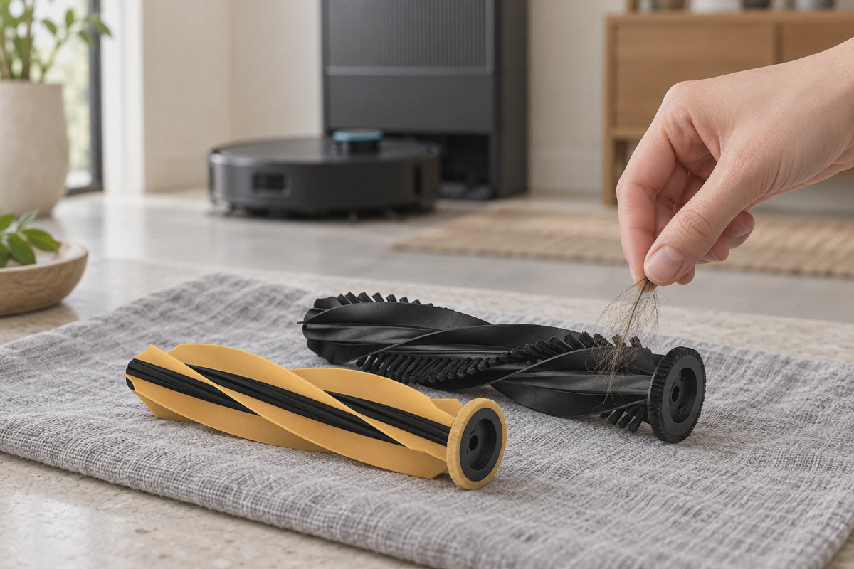 رسیدگی به برس اصلی دریم Aqua10 Roller برداشتن مو از انتهای برس مشکی Aqua10 Roller کنار غلتک طلایی